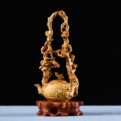 小叶黄杨木雕刻工艺品中式家居创意摆件实木茶壶把玩件文玩提梁壶